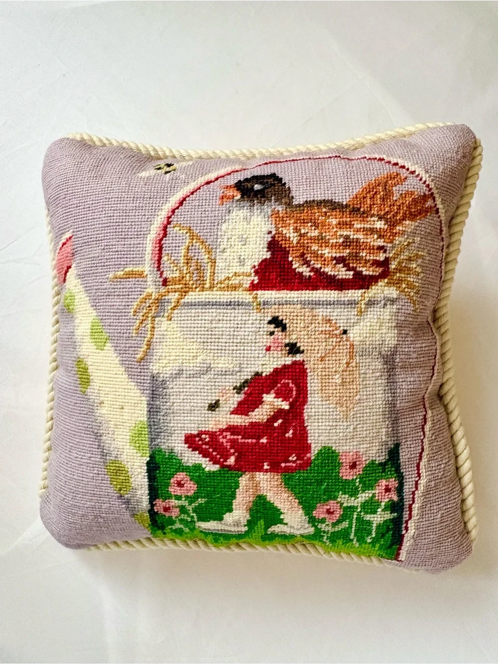 Handmade Lavender Needlepoint Pillow with Girl in Red Dress & a Bird Motif